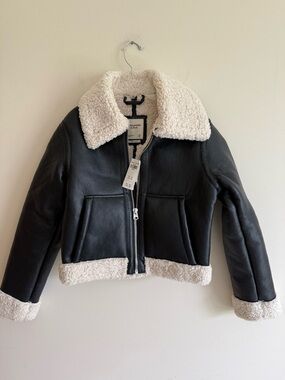 Abercrombie & Fitch Black Leather Aviator Jacket with Cream Shearling